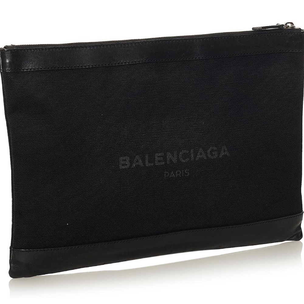 Balenciaga XL Black Canvas Clip Clutch Pouch Bag